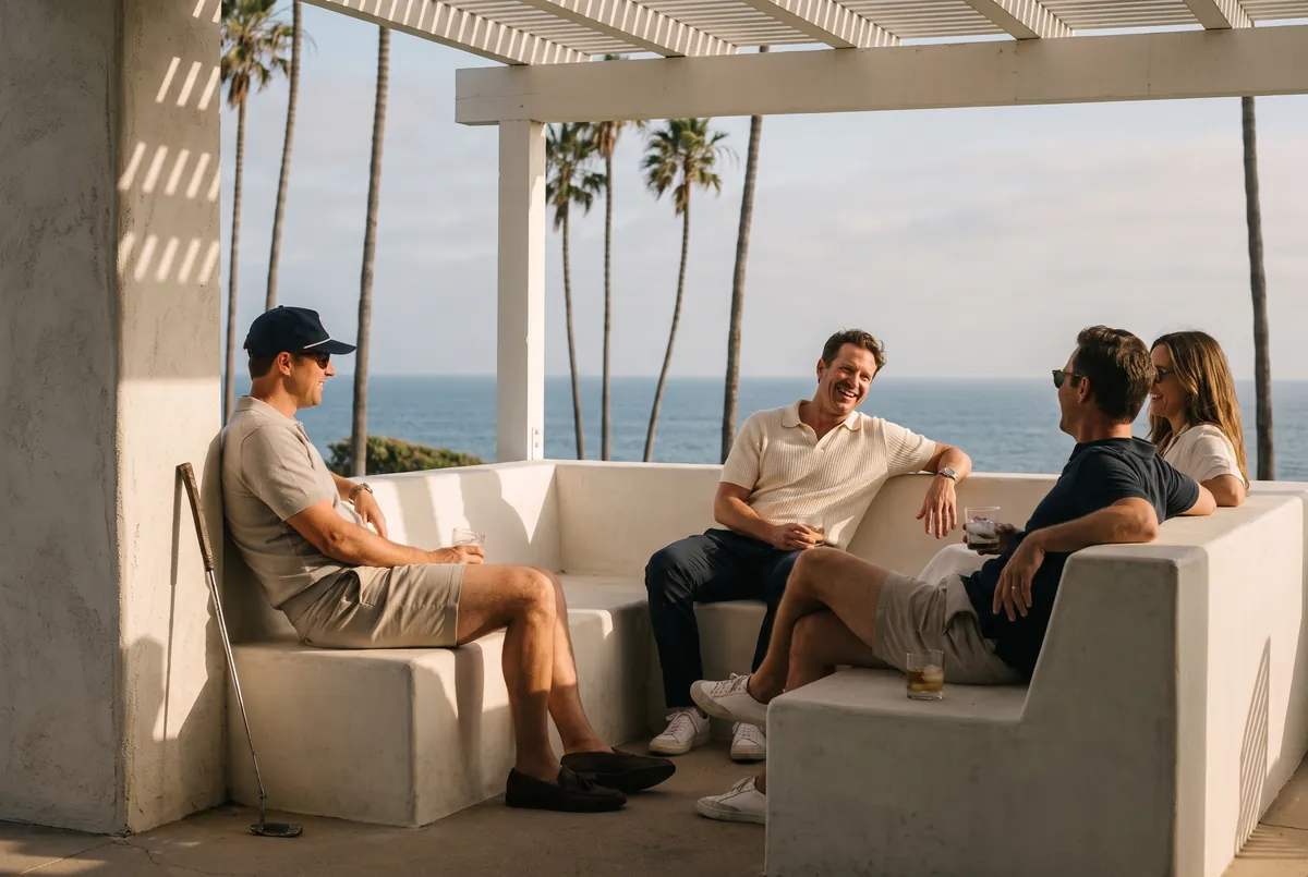 Friends laughing on a whitewashed clubhouse terrace at golden hour.